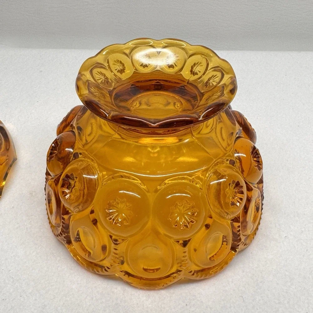 L.E. Smith Candy Dish Amber Vintage Moon and Star Glass Pedestal Lidded MCM Bowl